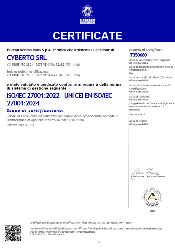 Certificate IT350680  CYBERTO SRL ISO 27001 REV 1