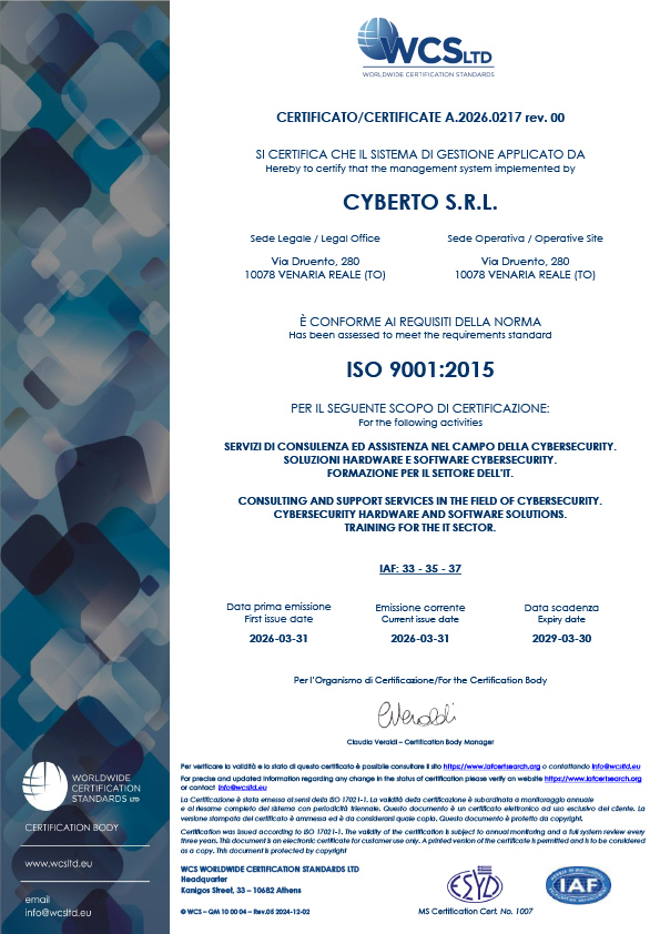 CERTIFICATO WCS CYBERTO ISO 9001