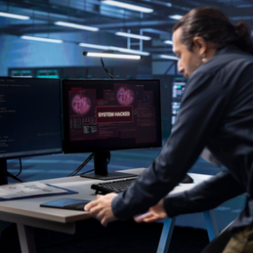 Professionista della cybersicurezza che esegue un Penetration Testing per individuare vulnerabilità nei sistemi informatici aziendali.